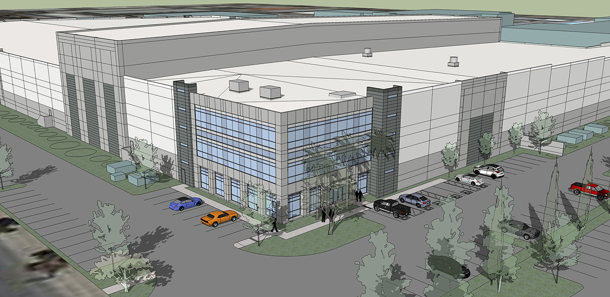 Architectural rendering of contemporary industrial building with glassed corner office space.